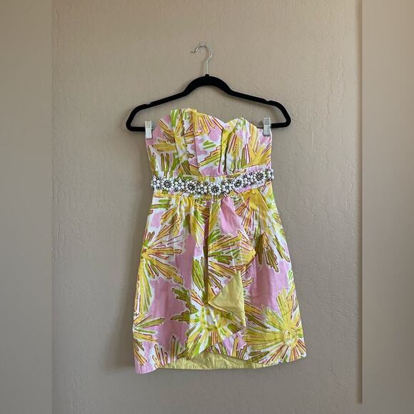 Lilly Pulitzer Crystal Skipping on Sunshine Yellow Pink Beaded Strapless Dress 4 - Picture 4 of 9